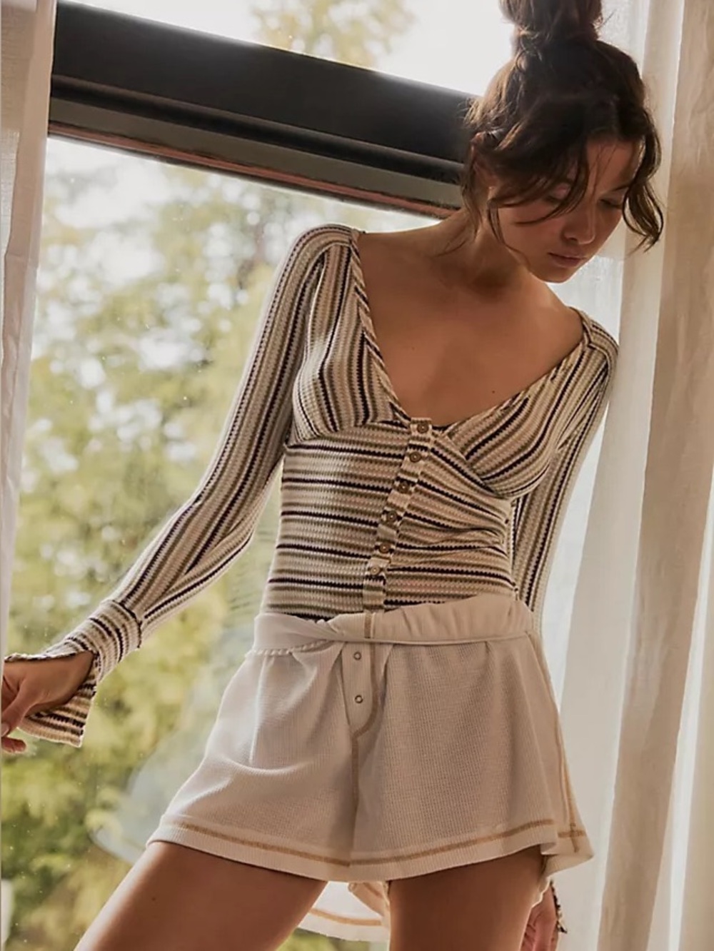 Intimately Free People Ribbed Button-Front Bodysuit in Cream with Purple Stripe